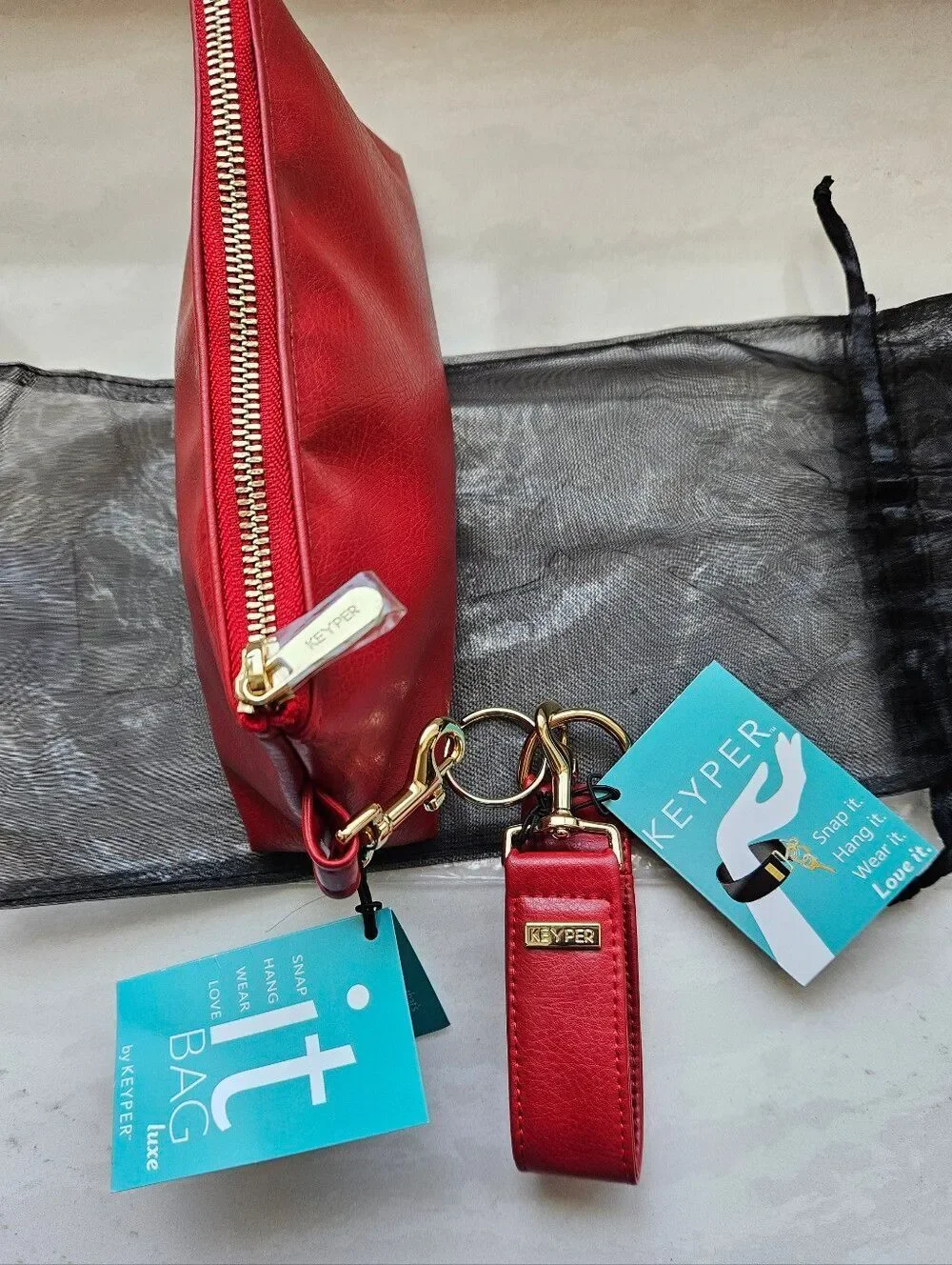 KEYPER Luxe Red Vegan Leather 2- Piece Wristlet Set with Gold Hardware